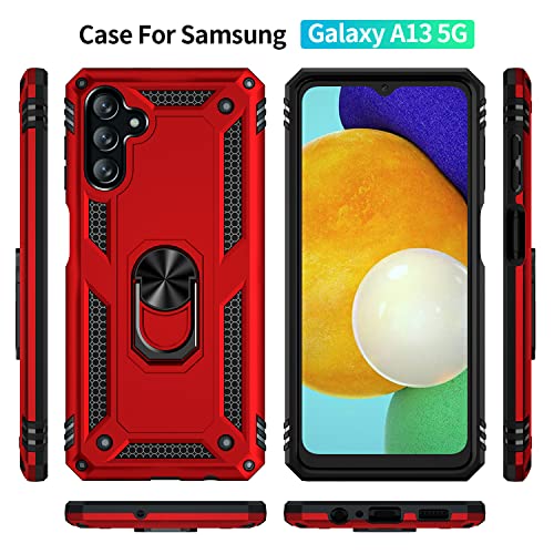 YZOK for Galaxy A13 5G Case,with HD Screen Protector,[Military Grade] Ring Car Mount Kickstand Hybrid Hard PC Soft TPU Shockproof Protective Case for Samsung Galaxy A13 5G (Red)