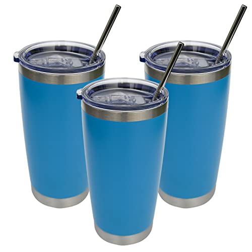 Wotermly Travel Coffee Mugs with Lid and Straw, Blue Insulated Coffee Mugs, 20oz Stainless Steel Double Wall Vacuum Coffee Travel Mug, 3 Blue