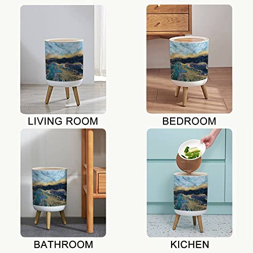 KCDCYCZEAL Small Trash Can Lid Abstract Background Blue Marble Fake Stone Texture Liquid Paint Gold Round Recycle Bin Press Top Dog Proof Wastebasket for Kitchen Bathroom Bedroom Office 7L/1.8 Gallon