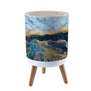 kcdcyczeal small trash can lid abstract background blue marble fake stone texture liquid paint gold round recycle bin press top dog proof wastebasket for kitchen bathroom bedroom office 7l/1.8 gallon