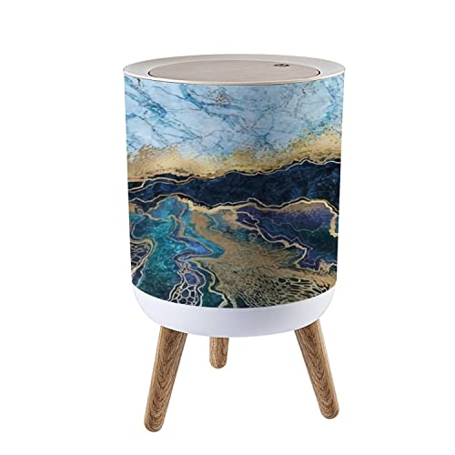 KCDCYCZEAL Small Trash Can Lid Abstract Background Blue Marble Fake Stone Texture Liquid Paint Gold Round Recycle Bin Press Top Dog Proof Wastebasket for Kitchen Bathroom Bedroom Office 7L/1.8 Gallon