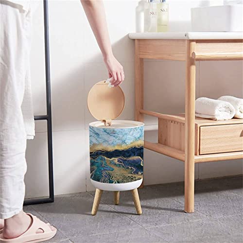 KCDCYCZEAL Small Trash Can Lid Abstract Background Blue Marble Fake Stone Texture Liquid Paint Gold Round Recycle Bin Press Top Dog Proof Wastebasket for Kitchen Bathroom Bedroom Office 7L/1.8 Gallon