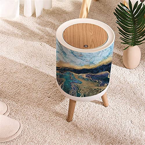 KCDCYCZEAL Small Trash Can Lid Abstract Background Blue Marble Fake Stone Texture Liquid Paint Gold Round Recycle Bin Press Top Dog Proof Wastebasket for Kitchen Bathroom Bedroom Office 7L/1.8 Gallon