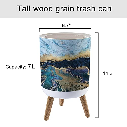 KCDCYCZEAL Small Trash Can Lid Abstract Background Blue Marble Fake Stone Texture Liquid Paint Gold Round Recycle Bin Press Top Dog Proof Wastebasket for Kitchen Bathroom Bedroom Office 7L/1.8 Gallon