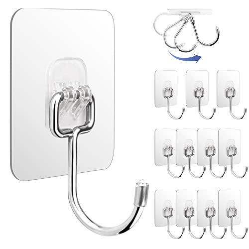 EAONE Large Adhesive Hooks 12 Packs, Heavy Duty Wall Hooks for Hanging Rustproof & Waterproof Wall Hangers Without Nails Sticky Hooks with Silicone Cap for Coat/Towel/Key Bathroom Kitchen