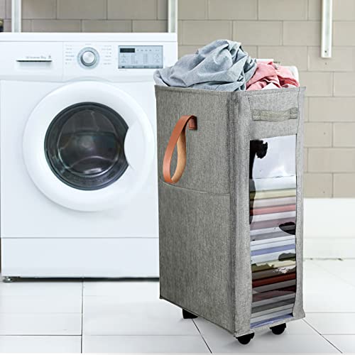 27" Slim Laundry Hamper, 65L Large Foldable Rolling Laundry Basket Carts with Handle and Wheels Waterproof & Breathable Mesh Liner for Dirty Clothes Storage (Grey)