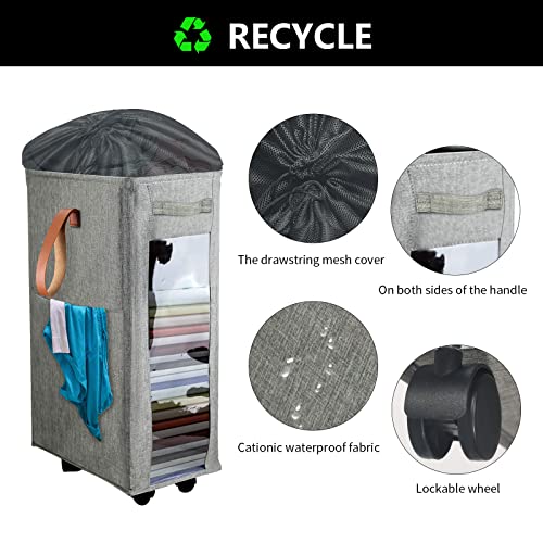 27" Slim Laundry Hamper, 65L Large Foldable Rolling Laundry Basket Carts with Handle and Wheels Waterproof & Breathable Mesh Liner for Dirty Clothes Storage (Grey)