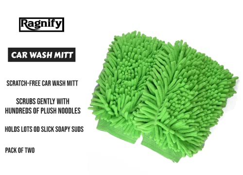 Ragnify Pack of 2 Microfiber car wash mitt Scratch Free Dual Sided Machine Washable Waterproof wash mitt for Cars, Trucks, Boats(Green)