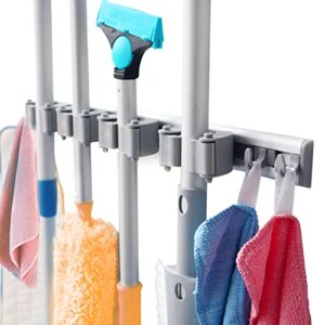 U.S. Solid Mop and Broom Holder, Wall Mounted, 4 Sliding Grippers & 4 Hooks, Garden Tool Organizer, Organize Kitchen, Garage, Laundry, Storage Rooms, 15.7 Inches