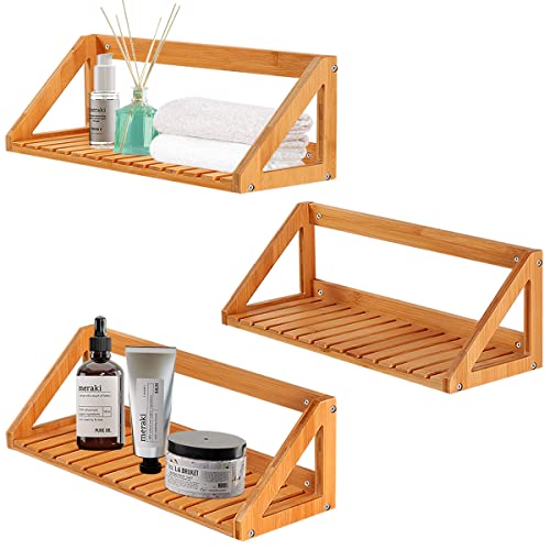 NIUXX Floating Shelves Wall Mounted, 3Pcs Solid Bamboo Wall Hanging Rack Holder, Wall Storage Shelves for Bedroom, Living Room, Bathroom, Kitchen, Office Decor