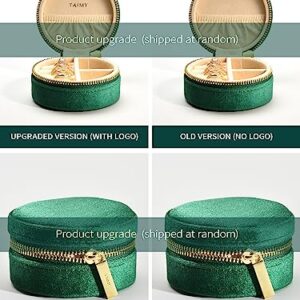 TAIMY Velvet Travel Jewelry Box, Round Small Travel Jewelry Case for Women Girls, Portable Mini Jewelry Travel Organizer Boxes for Rings Earrings Necklaces Bracelets(Dark Emerald)