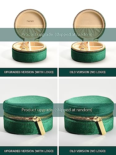 TAIMY Velvet Travel Jewelry Box, Round Small Travel Jewelry Case for Women Girls, Portable Mini Jewelry Travel Organizer Boxes for Rings Earrings Necklaces Bracelets(Dark Emerald)