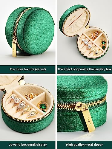 TAIMY Velvet Travel Jewelry Box, Round Small Travel Jewelry Case for Women Girls, Portable Mini Jewelry Travel Organizer Boxes for Rings Earrings Necklaces Bracelets(Dark Emerald)