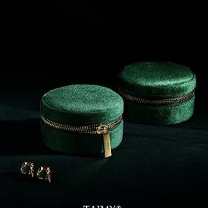 TAIMY Velvet Travel Jewelry Box, Round Small Travel Jewelry Case for Women Girls, Portable Mini Jewelry Travel Organizer Boxes for Rings Earrings Necklaces Bracelets(Dark Emerald)