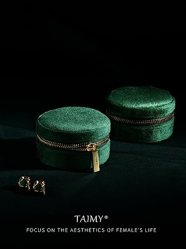 TAIMY Velvet Travel Jewelry Box, Round Small Travel Jewelry Case for Women Girls, Portable Mini Jewelry Travel Organizer Boxes for Rings Earrings Necklaces Bracelets(Dark Emerald)