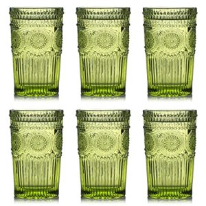kingrol 6 pack 12 oz vintage drinking glasses, embossed romantic water glassware, glass tumbler set for juice, beverages, beer, cocktail (green)