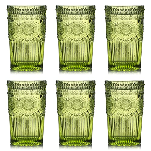 Kingrol 6 Pack 12 oz Vintage Drinking Glasses, Embossed Romantic Water Glassware, Glass Tumbler Set for Juice, Beverages, Beer, Cocktail (Green)