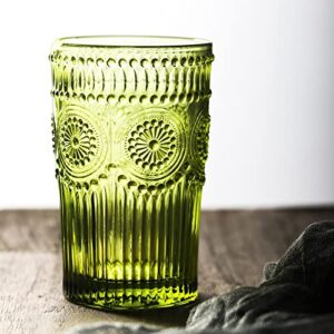 Kingrol 6 Pack 12 oz Vintage Drinking Glasses, Embossed Romantic Water Glassware, Glass Tumbler Set for Juice, Beverages, Beer, Cocktail (Green)