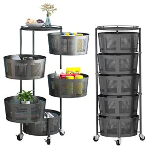 Rotating Storage Rack Metal Multi-Layer Stackable Storage Basket Cart Floor-Standing Layered Shelf Fruit Vegetable Snack Storage Bin with Wheels for Kitchen, Bedroom, Bathroom (Black, 5-Tier)