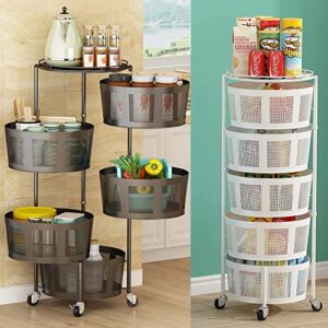 Rotating Storage Rack Metal Multi-Layer Stackable Storage Basket Cart Floor-Standing Layered Shelf Fruit Vegetable Snack Storage Bin with Wheels for Kitchen, Bedroom, Bathroom (Black, 5-Tier)