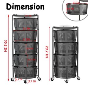 Rotating Storage Rack Metal Multi-Layer Stackable Storage Basket Cart Floor-Standing Layered Shelf Fruit Vegetable Snack Storage Bin with Wheels for Kitchen, Bedroom, Bathroom (Black, 5-Tier)