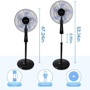 Aigostar 16“ Standing Fan, 5-Blade Oscillating Pedestal Fan with Remote Control, 3 Speed Settings, 3 Wind Modes, 7.5H Timer, Adjustable Height Cooling Fan for Bedroom, Home, Office, Black