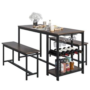hithos 3-piece dining table set, rustic wood kitchen dinner table with benches for 4, breakfast nook table with wine rack and glass holder, dark brown