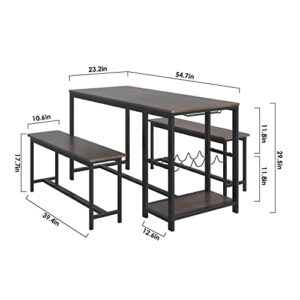 HITHOS 3-Piece Dining Table Set, Rustic Wood Kitchen Dinner Table with Benches for 4, Breakfast Nook Table with Wine Rack and Glass Holder, Dark Brown