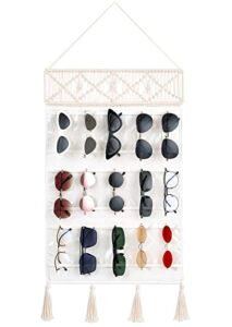 mkono sunglasses organizer holder macrame hanging glasses storage organizer boho with 15 pockets and decorative tassels decor woven eyewear display for wall and door