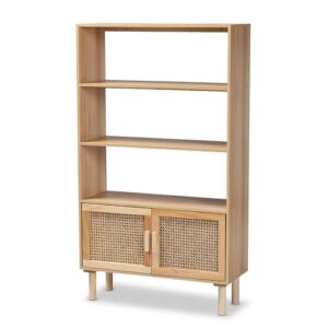 baxton studio faulkner mid-century modern natural brown finished wood and rattan 2-door bookcase