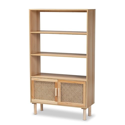 Baxton Studio Faulkner Mid-Century Modern Natural Brown Finished Wood and Rattan 2-Door Bookcase