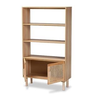 Baxton Studio Faulkner Mid-Century Modern Natural Brown Finished Wood and Rattan 2-Door Bookcase