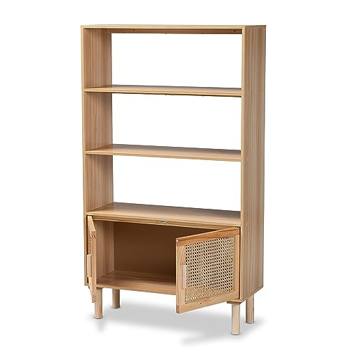 Baxton Studio Faulkner Mid-Century Modern Natural Brown Finished Wood and Rattan 2-Door Bookcase