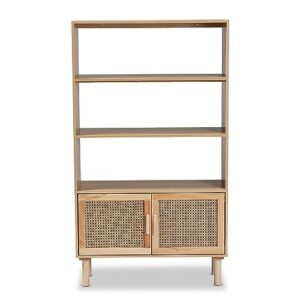 Baxton Studio Faulkner Mid-Century Modern Natural Brown Finished Wood and Rattan 2-Door Bookcase