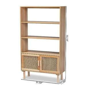 Baxton Studio Faulkner Mid-Century Modern Natural Brown Finished Wood and Rattan 2-Door Bookcase