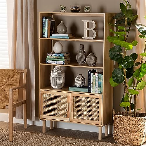 Baxton Studio Faulkner Mid-Century Modern Natural Brown Finished Wood and Rattan 2-Door Bookcase