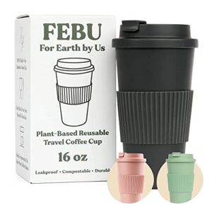 febu plant-based reusable coffee cup with lid and sleeve | 16oz, moon black | portable travel mug made from bamboo | dishwasher safe, compostable, plastic free with leak-proof screw-on lid