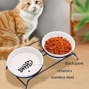 Cat Bowls, Upgraded 13 oz Ceramic Elevated Cat Food Bowls for Food and Water, Raised 2 Cat Dishes with Stainless Steel Stand Non-Slip and Anti-Rust, for Indoor Cats and Small Dog Bowl, Dishwasher Safe