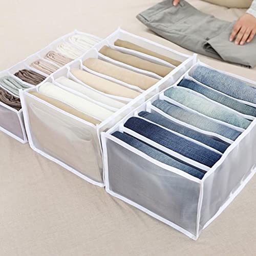 MBVBN Closet Organizers and Storage,Jeans Leggings Compartment Storage Box Closet, 7 Grids Folding Clothes Drawer Mesh Separation Organizer,Divider For Stacking Pants Drawer (White, Medium+Large)