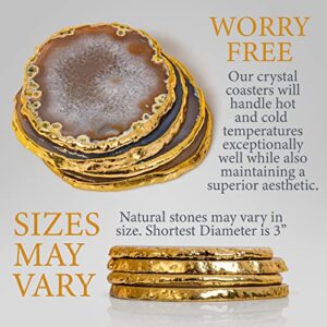 Natural Agate Coaster Set - Geode Coaster Set - 100% Natural Agate Crystal Coasters - Elegant Gold Rimmed Agate Coasters - Set of 4 - Natural Agate Colors - No Dyes Or Artificial Colors