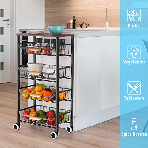 Kitchen Storage Rolling Cart, Kitchen Cart with Lockable Wheels, 5 Tier Metal Wire Basket Shelf Rolling Storage Cart with Wooden Handle, Wood Cover Top Kitchen Island Cart for Home, Office