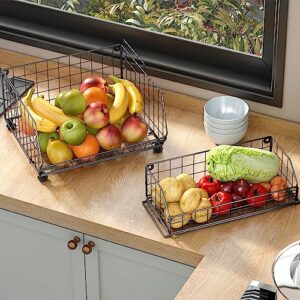 Fruit Vegetable Basket 2-Tier Wall-mounted Wire Storage Baskets Countertop Detachable Stackable Bin Kitchen Organizer Pantry Basket for Snack Canned Foods Potato Onion Storage Cabinet