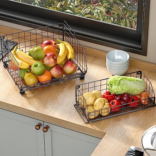 Fruit Vegetable Basket 2-Tier Wall-mounted Wire Storage Baskets Countertop Detachable Stackable Bin Kitchen Organizer Pantry Basket for Snack Canned Foods Potato Onion Storage Cabinet