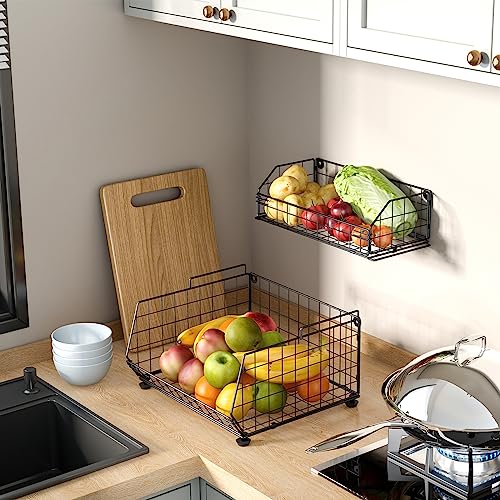 Fruit Vegetable Basket 2-Tier Wall-mounted Wire Storage Baskets Countertop Detachable Stackable Bin Kitchen Organizer Pantry Basket for Snack Canned Foods Potato Onion Storage Cabinet