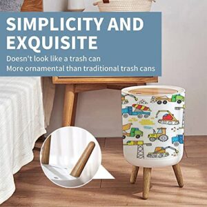 Press Cover Round Trash Bin with Legs Cool Construction Excavator Crane Bulldozer Truck Boys Hand Drawn Push Top Trash Can with Lid Dog Proof Garbage Can Wastebasket for Living Room 7L/1.8 Gallon