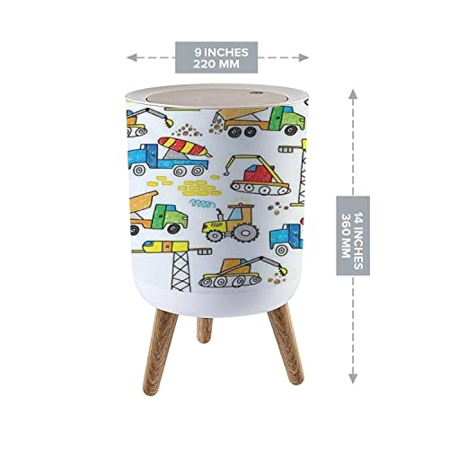 Press Cover Round Trash Bin with Legs Cool Construction Excavator Crane Bulldozer Truck Boys Hand Drawn Push Top Trash Can with Lid Dog Proof Garbage Can Wastebasket for Living Room 7L/1.8 Gallon
