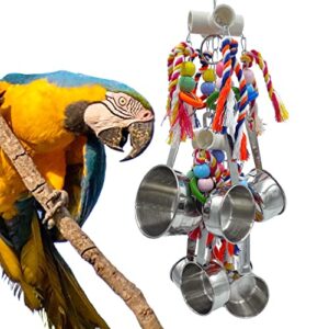 gilygi new upgraded pots and multicolored ring toys, pullable 8 stainless steel cups and 8 wooden ring toys for large and extra large parrot amazons macaws african greys cockatoos