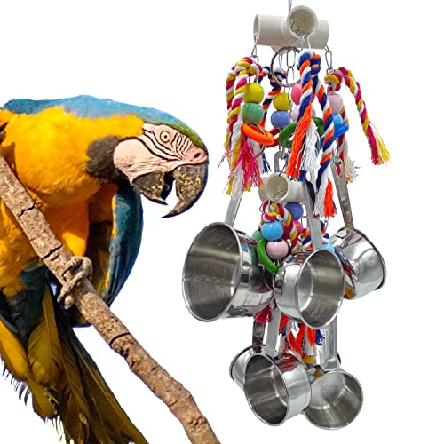 GILYGI New Upgraded Pots and Multicolored Ring Toys, Pullable 8 Stainless Steel Cups and 8 Wooden Ring Toys for Large and Extra Large Parrot Amazons Macaws African Greys Cockatoos