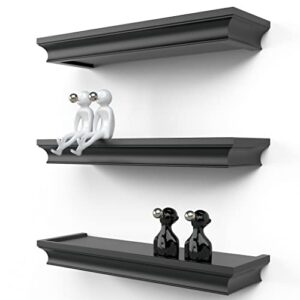 richer house black floating shelves for wall decor, 16 inches wall shelves set of 3, picture ledge wall mounted, crown molding display shelves with invisible brackets in bathroom, bedroom, living room
