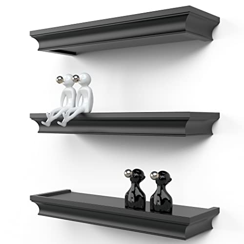 RICHER HOUSE Black Floating Shelves for Wall Decor, 16 Inches Wall Shelves Set of 3, Picture Ledge Wall Mounted, Crown Molding Display Shelves with Invisible Brackets in Bathroom, Bedroom, Living Room